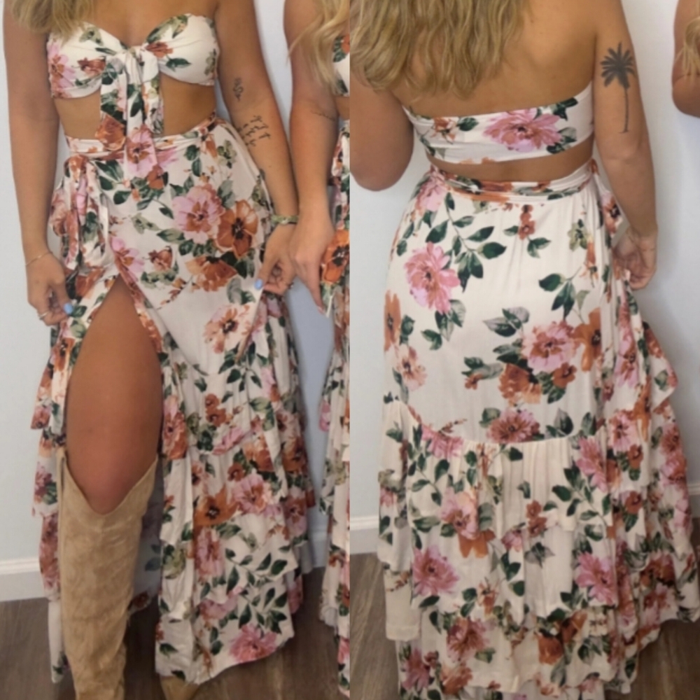 . Multicolor Floral 2 Piece Tie Sleeveless Crop Top & High Waist Maxi Skirt Set